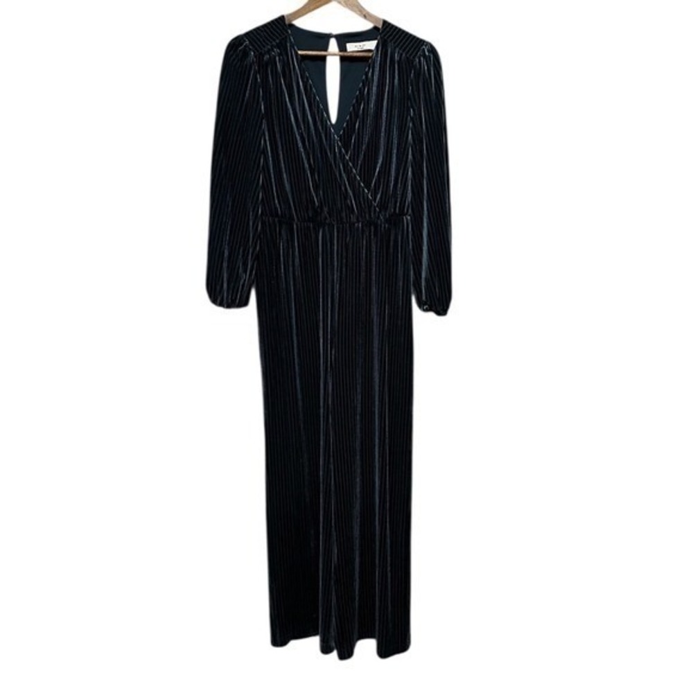 ALI & JAY blue Black Velvet Ribbed V Neck Long Sleeve Wide Leg Jumpsuit Women XS